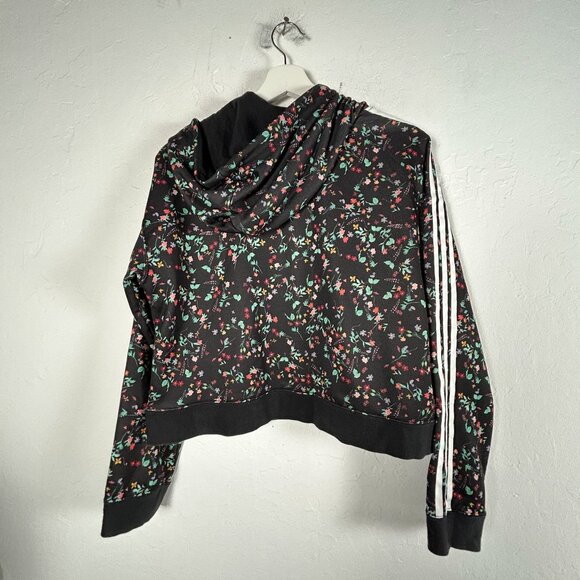 Adidas Womens Floral Hoodie Crop Sweatshirt Size Small Black Multicolor Pullover - Picture 2 of 8